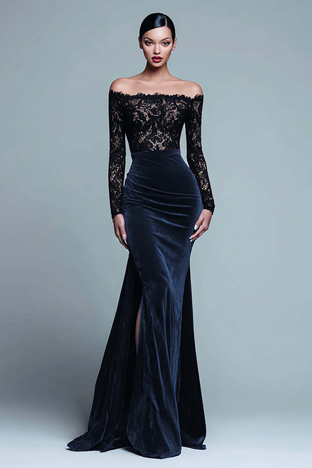 Zapaka Women Black and Burgundy Long Formal Dress with Lace Velvet Off the Shoulder Long Sleeves Holiday Party Dress with Slit, Dark Navy / US16 Zapaka Women Black and Burgundy Long Formal Dress with Lace Velvet Off the Shoulder Long Sleeves Holiday Party Dress with Slit, Dark Navy / US16