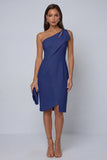 Dark Navy One Shoulder Bodycon Asymmetrical Ruched Midi Work Dress