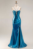 Metallic Golden Mermaid Beaded Corset Keyhole Long Prom Dress With Slit