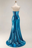 Metallic Golden Beaded Mermaid Corset Long Prom Dress With Slit