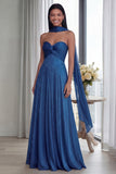 Sky Blue Strapless A Line Pleated Long Formal Dress with Ribbon