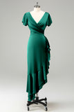 Olive V Neck Satin Sheath Wedding Guest Dress with Ruffles