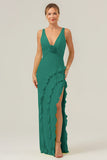 Lime Sheath Deep V Neck Backless Long Bridesmaid Dress with Ruffle Slit