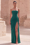 Light Pink Strapless Sheath Ruched Long Prom Dress with Slit