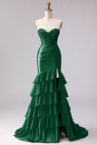 Red Mermaid Sweetheart Beaded Corset Ruffled Long Prom Dress with Slit