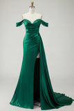 Golden Mermaid Off the Shoulder Beaded Pleated Satin Long Prom Dress with Slit