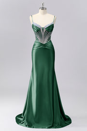 Sparkly Dark Green Spaghetti Straps Mermaid Satin Prom Dress with Rhinestones