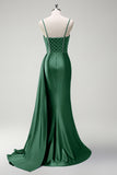 Dark Green Beaded Mermaid Corset Satin Plus Size Long Prom Dress with Slit