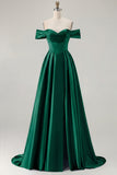 Blue A-Line Off The Shoulder Satin Long Bridesmaid Dress with Slit