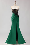 Strapless Mermaid Black Green Appliqued Lace Long Prom Dress with Slit