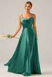 Dusty Sage A Line Cowl Neck Satin Long Prom Dress with Pleated