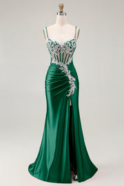 Dark Green Mermaid Corset Sequin Long Prom Dress with Ruffled Slit