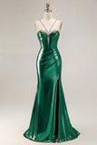 Metallic Golden Beaded Mermaid Corset Long Prom Dress With Slit
