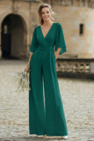 Simple Ivory V-Neck Wedding Jumpsuit with Pocket