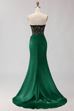 Strapless Mermaid Black Green Appliqued Lace Long Prom Dress with Slit