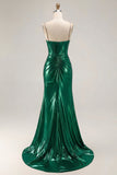 Metallic Golden Beaded Mermaid Corset Long Prom Dress With Slit