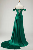 Golden Mermaid Off the Shoulder Beaded Pleated Satin Long Prom Dress with Slit