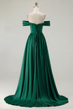 Blue A-Line Off The Shoulder Satin Long Bridesmaid Dress with Slit