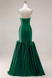 Fuchsia Strapless Satin Mermaid Long Prom Dress with 3D Flowers