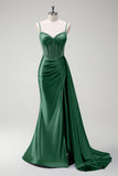 Dark Green Beaded Mermaid Corset Satin Plus Size Long Prom Dress with Slit