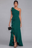 One Shoulder Black Sheath Ruffled Long Formal Dress with Slit