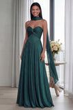 Sky Blue Strapless A Line Pleated Long Formal Dress with Ribbon