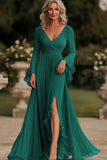 Dark Grey Mermaid Wrap Long Sleeves Ruffled Chiffon Long Mother of the Bride Dress