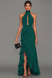 Black Sheath Halter Neck Ruffled Cut Out Long Formal Dress with Slit