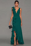 Black Sheath V-Neck Ruffled Long Formal Dress with Slit