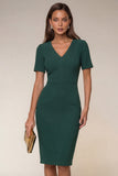 Black Bodycon V-Neck Midi Work Dress with Short Sleeves
