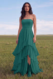 Strapless Ivory A Line Ruffled Boho Wedding Dress with Slit
