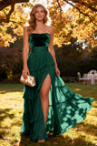 Khaki Sweetheart Tiered Ruffled A-Line Chiffon Maxi Dress with Slit
