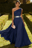 One Shoulder Olive A Line Chiffon Maxi Dress