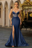 Dusty Blue Mermaid Beaded Corset Sequin Long Prom Dress with Slit