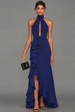Black Sheath Halter Neck Ruffled Cut Out Long Formal Dress with Slit
