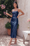 Sparkly Gold Bodycon Spaghetti Straps Midi Dress with Sequins