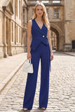 2 Piece V-Neck Sky Blue Sleeveless Women's Work Suits