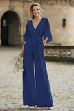 Simple Ivory V-Neck Wedding Jumpsuit with Pocket