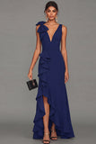 Black Sheath V-Neck Ruffled Long Formal Dress with Slit