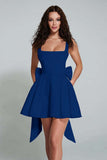 Ivory A Line Square Neck Backless Short Homecoming Dress with Back Giant Bow