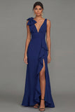 Dark Green Sheath V-Neck Ruffled Ruched Long Formal Dress with Slit