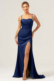 Sage Mermaid Spaghetti Straps Corset Satin Bridesmaid Dress with Slit