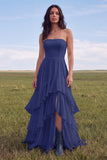 Strapless Ivory A Line Ruffled Boho Wedding Dress with Slit