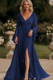Dark Grey Mermaid Wrap Long Sleeves Ruffled Chiffon Long Mother of the Bride Dress