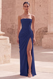 Light Pink Strapless Sheath Ruched Long Prom Dress with Slit