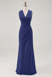 White V Neck Ruched Long Formal Dress