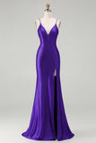 Royal Blue Mermaid Beaded Satin Long Prom Dress with Slit