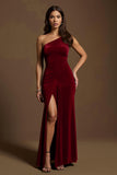 Dark Green One Shoulder Mermaid Holiday Party Dress With Slit