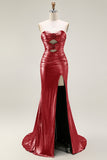 Metallic Dark Golden Mermaid Strapless Cut Out Long Prom Dress with Slit