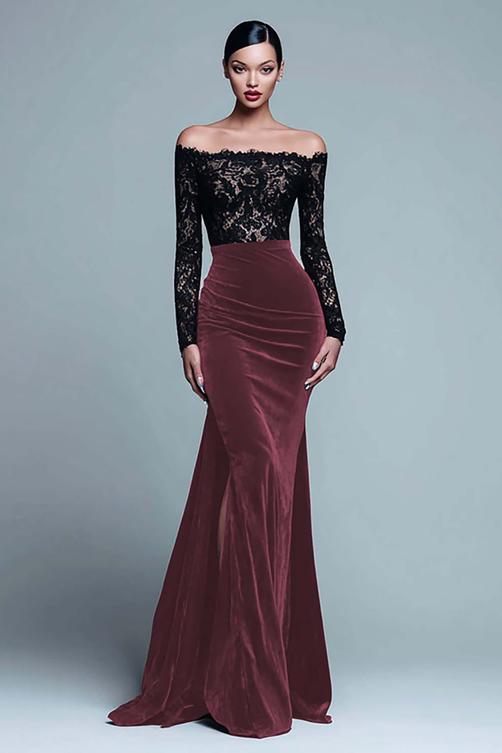 Zapaka Women Black and Burgundy Long Formal Dress with Lace Velvet Off The Shoulder Long Sleeves Holiday Party Dress with Slit, Desert Rose / US22W Zapaka Women Black and Burgundy Long Formal Dress with Lace Velvet Off The Shoulder Long Sleeves Holiday Party Dress with Slit, Desert Rose / US22W